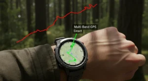 Close-up of a rugged smartwatch screen in a city canyon, showing a precise green track labeled 'Multi-Band GNSS' next to a wobbly, inaccurate red track from standard GPS.