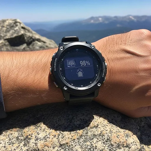 a large Garmin-style GPS watch resting on a sunlit mountain rock, with the screen displaying a full battery level and a visible solar charging icon.