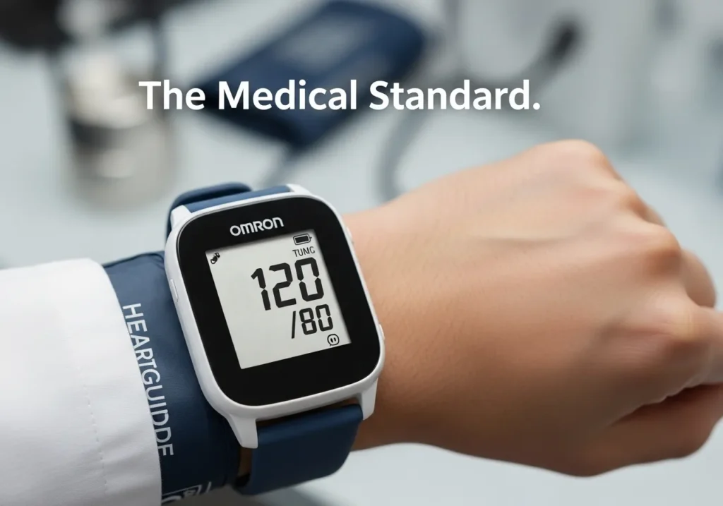 A close-up of the Omron HeartGuide on a wrist, with its cuff inflated and a clear blood pressure reading on the display, symbolizing its clinical accuracy and medical validation.