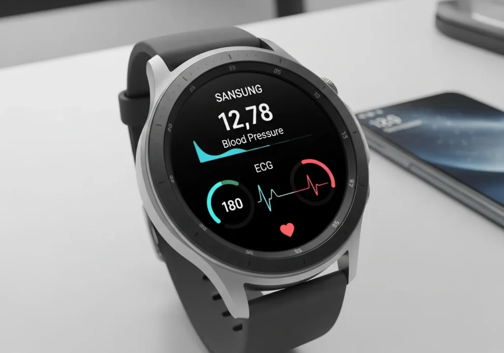 A close-up shot of the Samsung Galaxy Watch 7 displaying a health dashboard with blood pressure and ECG data, highlighting its sleek design and advanced tracking features.