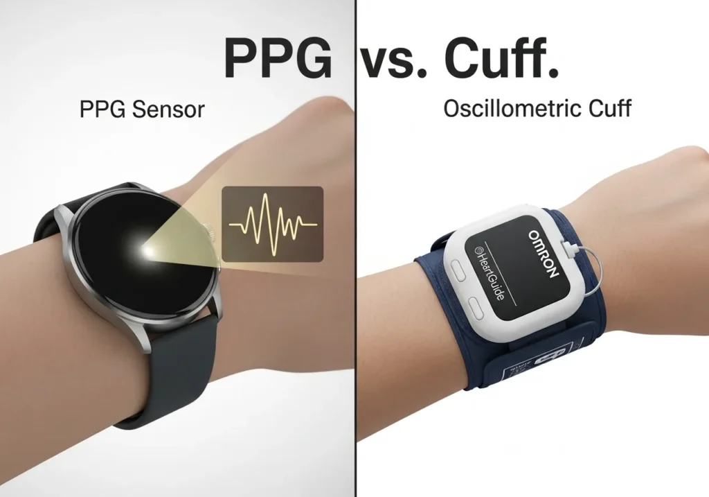 comparing two blood pressure monitoring technologies: a sleek smartwatch using a PPG sensor on the left, and a bulkier device using an oscillometric cuff on the right.