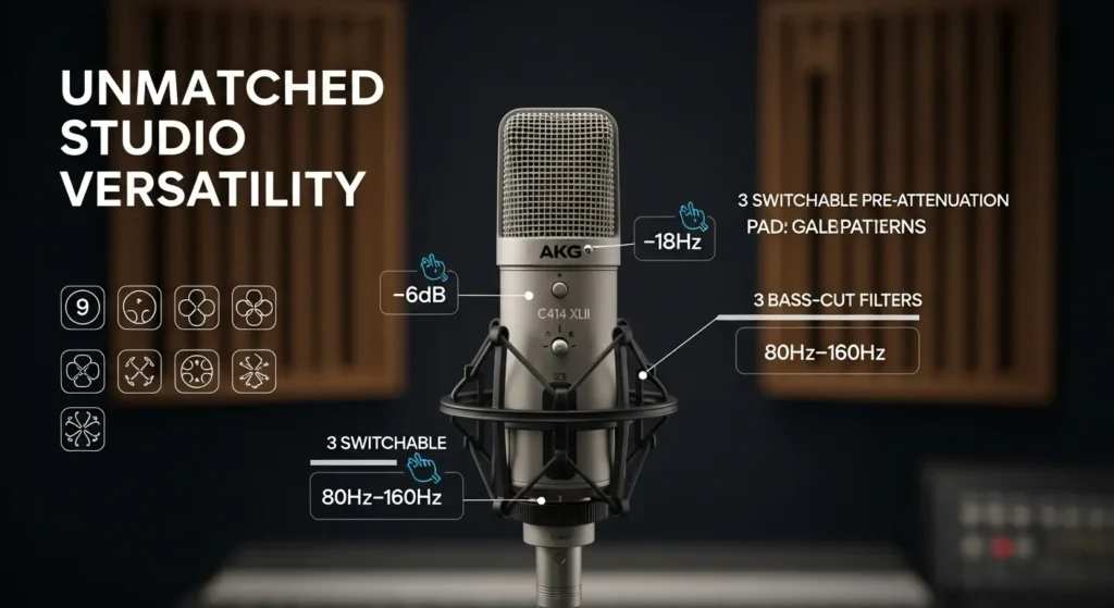 AKG C414 XLII condenser microphone in a studio setting, emphasizing its nine polar patterns, attenuation pads, and bass-cut filters.