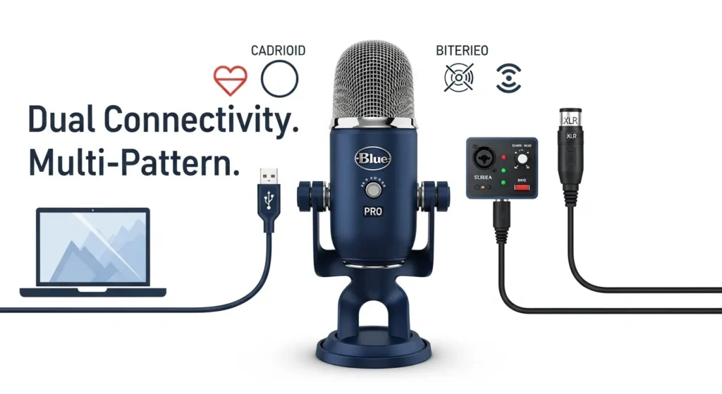 Blue Yeti Pro microphone showing both USB and XLR connectivity options, highlighting its multi-pattern versatility for voice-over.