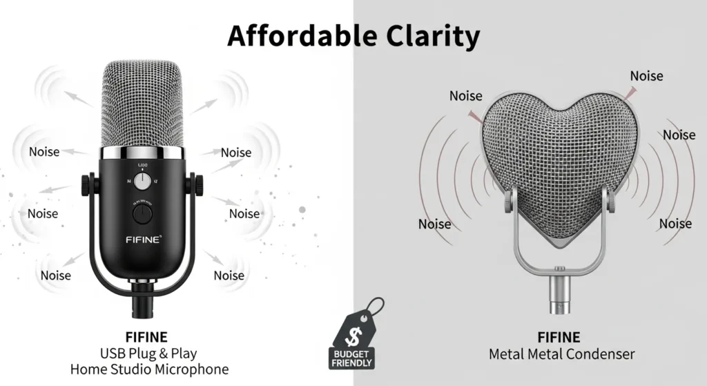 Comparative visual of FIFINE USB microphones (Plug & Play and Metal Condenser), showing omni-directional vs. cardioid patterns for budget-friendly noise reduction.