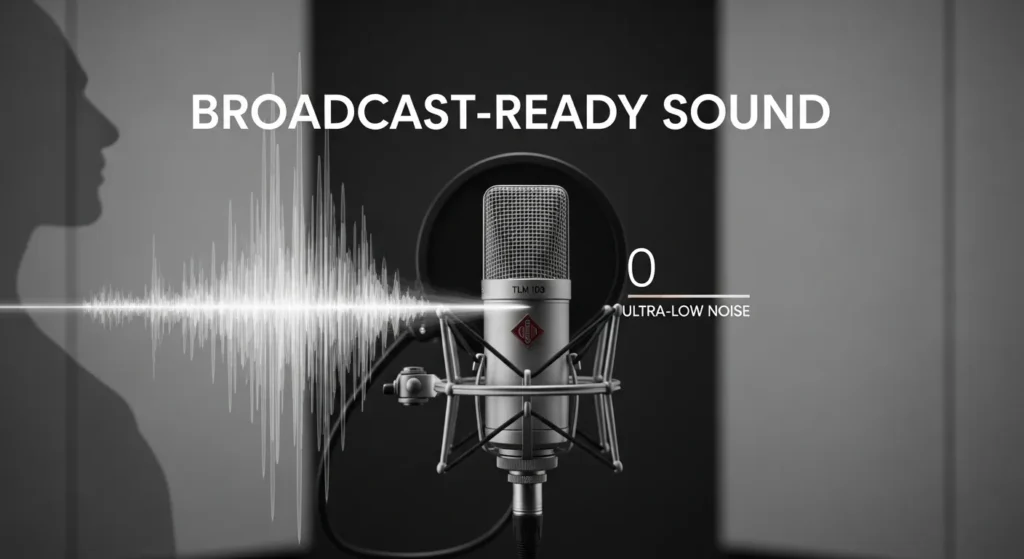 Neumann TLM 103 microphone capturing a pristine, low-noise vocal recording in an acoustically treated environment.