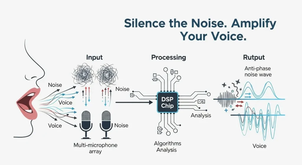 microphone noise cancellation: multi-mic arrays capturing noise, DSP generating anti-phase waves, and resulting in clear voice.