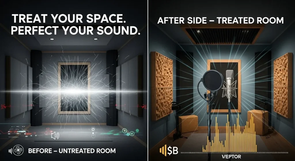 Visual comparison of an untreated recording room versus an acoustically treated one, demonstrating reduced reverberation and noise for optimal microphone performance.