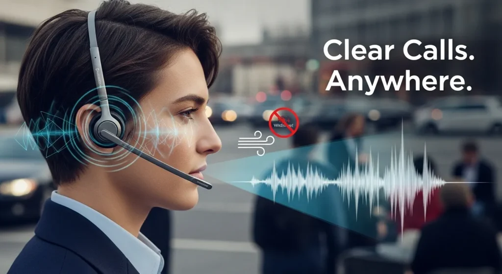 Girl wearing Plantronics Voyager 5200 headset in a noisy environment, demonstrating its multi-mic noise and wind cancellation for clear mobile communication.