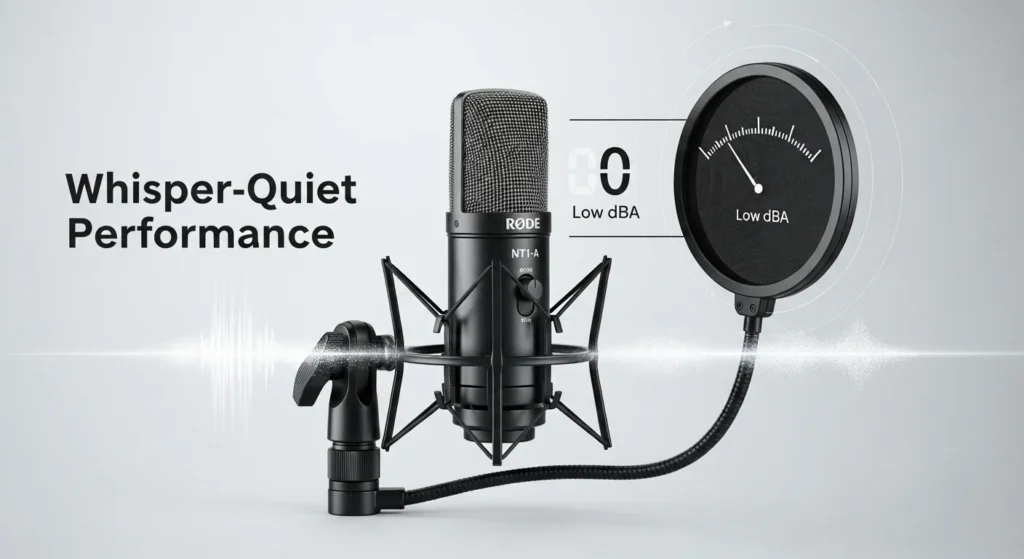 Rode NT1-A microphone with shock mount and pop filter, visually emphasizing its exceptionally low self-noise for studio-quality voice acting.