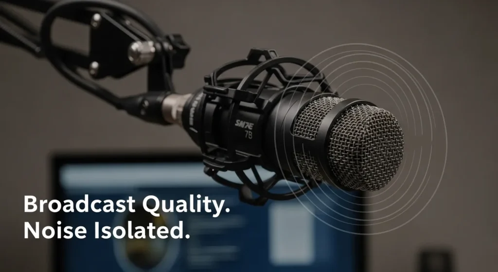 Shure SM7B microphone on a boom arm, illustrating its professional noise suppression capabilities in a broadcast or podcasting setting.