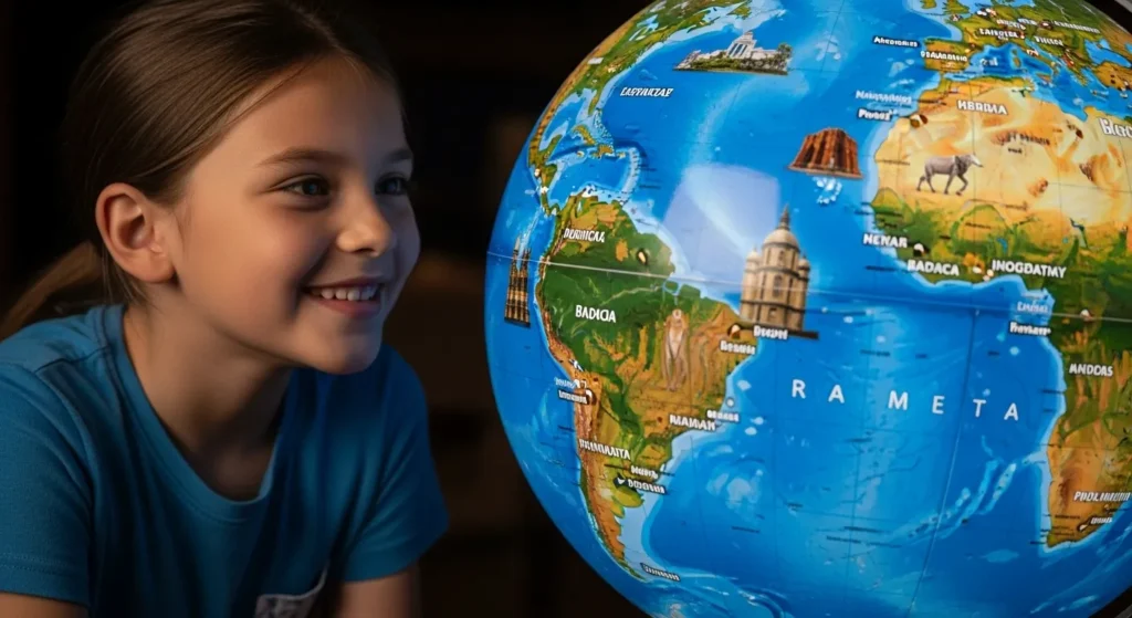Child learning geography with an interactive globe.
