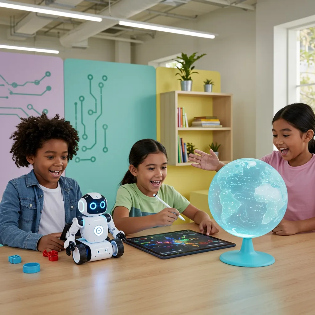 Kids learning and having fun with tech gadgets like coding robots and drawing tablets.