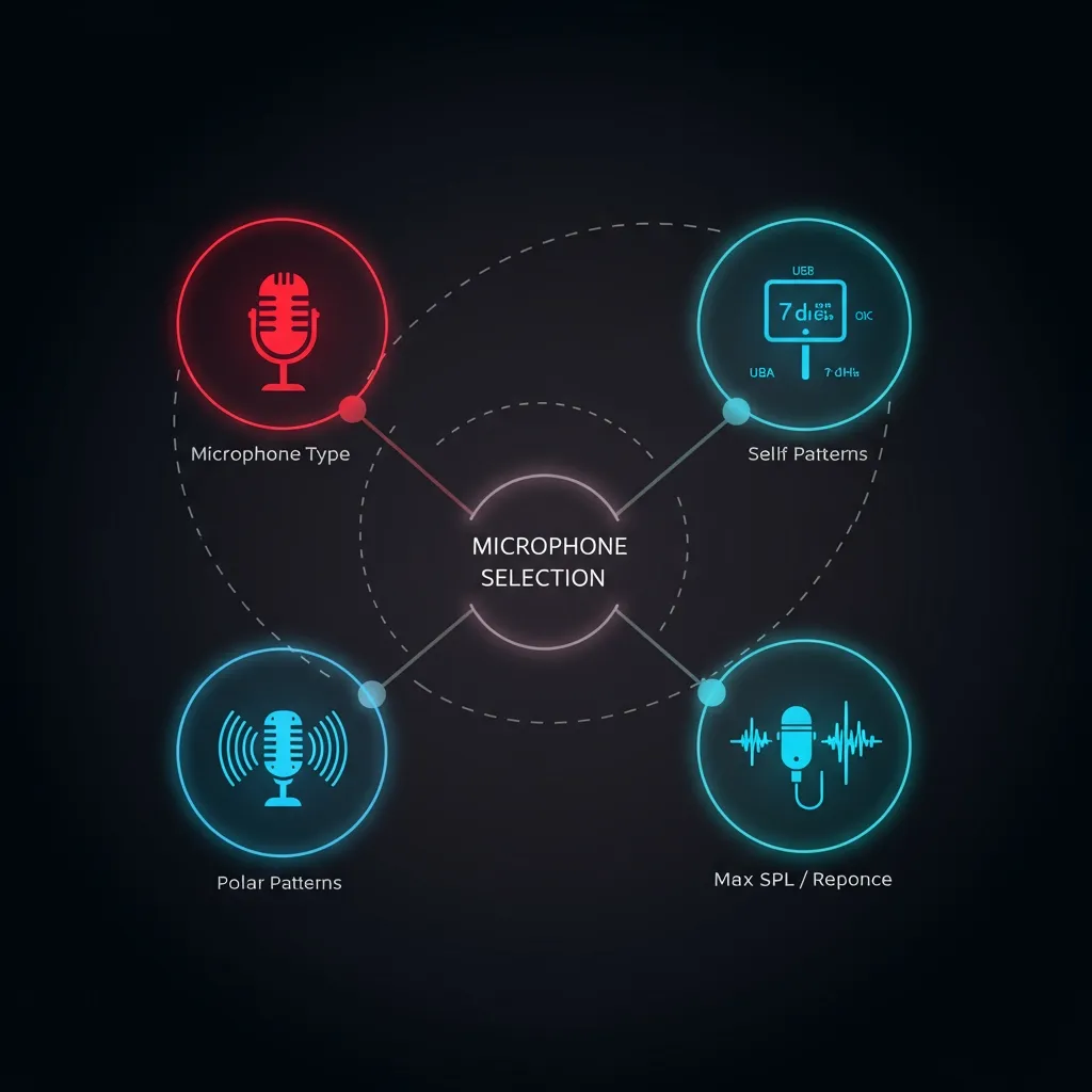 criteria for voice-over microphone selection: type, polar patterns, self-noise, max SPL, and frequency response.