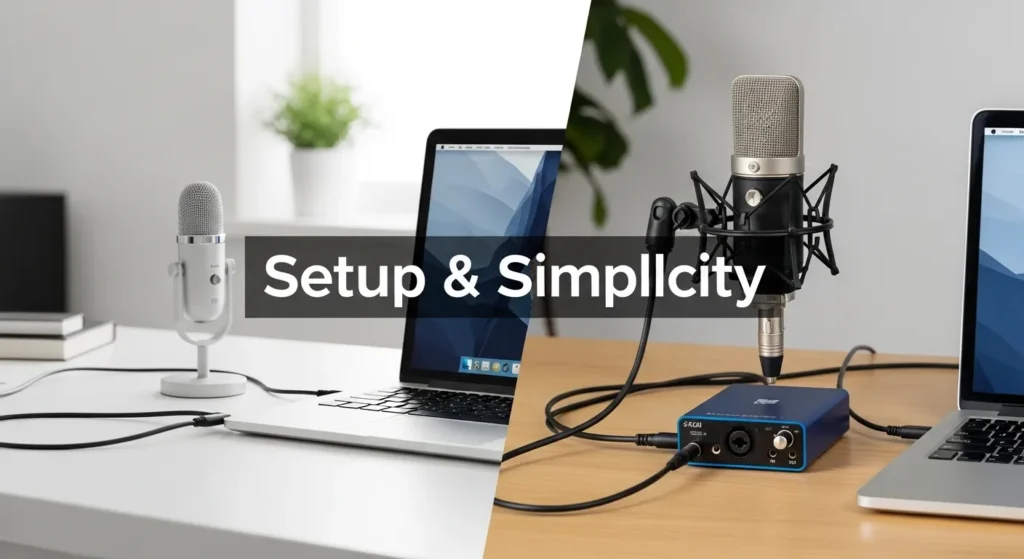 A split-screen image comparing two microphone setups. The left side shows a single USB mic plugged directly into a laptop. The right side shows an XLR mic connected to an audio interface, which then connects to a laptop.