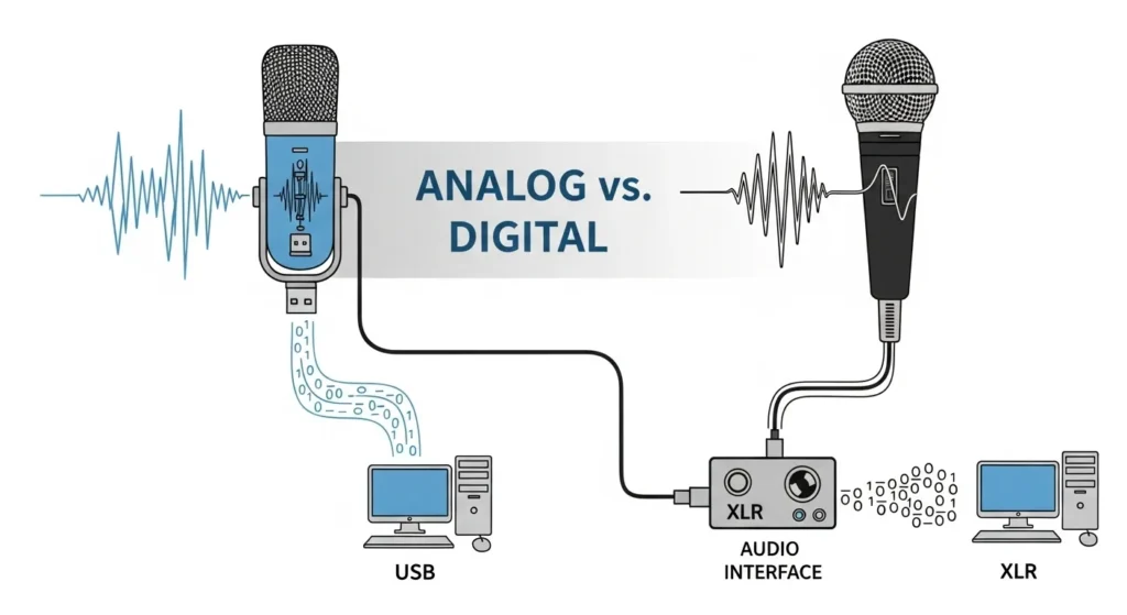 An illustration of two microphone signal paths. A USB mic converts a sound wave into a digital signal internally. An XLR mic sends an analog signal to an external audio interface, which then converts it to a digital signal.