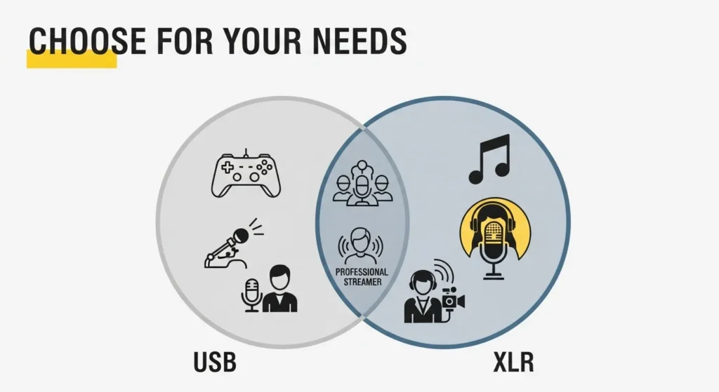 A Venn diagram comparing USB and XLR microphones. The USB section has icons for gaming and solo podcasts. The XLR section has icons for music and voice acting. The overlapping section has icons for multi-host podcasts and professional streaming.