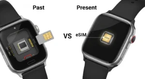 Split graphic showing an old smartwatch with an open SIM card tray next to a modern, fully sealed smartwatch cross-section, highlighting the embedded eSIM chip and water-resistant design.