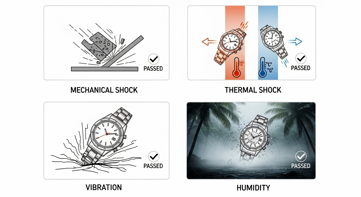 A four-panel infographic showing icons representing the key durability tests: a watch dropping onto a surface (Mechanical Shock), a watch moving from extreme heat to cold (Thermal Shock), a vibrating watch (Vibration), and a humid environment (Humidity).