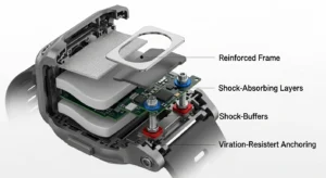A cutaway diagram of a rugged smartwatch highlighting internal shock-absorbing layers, a rigid frame, and vibration-resistant anchoring around the main circuit board and display.