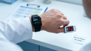 A close-up view of a wrist wearing a modern, high-end smartwatch displaying a clear, bright numerical reading of SpO2 data (e.g., 98%) and a simple line graph. Next to the smartwatch, an authentic fingertip pulse oximeter is simultaneously clipped onto the thumb, also displaying a closely corresponding SpO2 number, emphasizing the concept of accuracy and comparison.