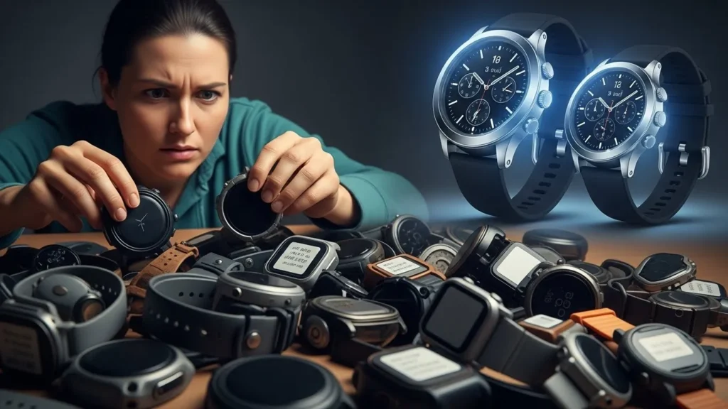 a girl, looking slightly frustrated and overwhelmed, sifting through a large pile of generic, cheaply made smartwatches