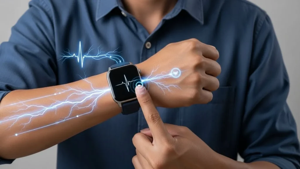 ECG: Electrical Heart Rhythm Check. A person taking an ECG reading on a smartwatch by touching the crown, showing the electrical circuit path for heart rhythm detection.