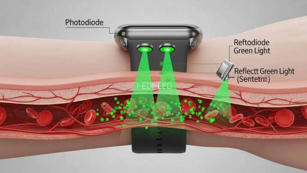 a smartwatch PPG sensor emitting green light into the wrist and detecting reflected light from blood vessels to measure heart rate.
