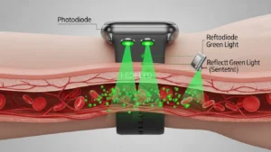a smartwatch PPG sensor emitting green light into the wrist and detecting reflected light from blood vessels to measure heart rate.
