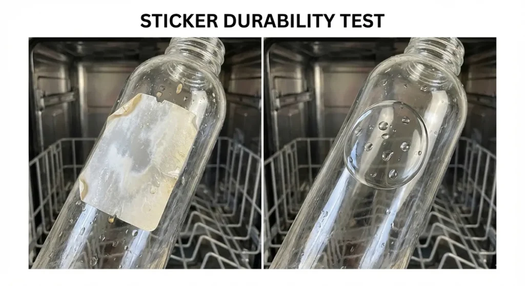 A comparison of sticker durability inside a dishwasher showing a failed laminated sticker and a successful UV resin sticker.