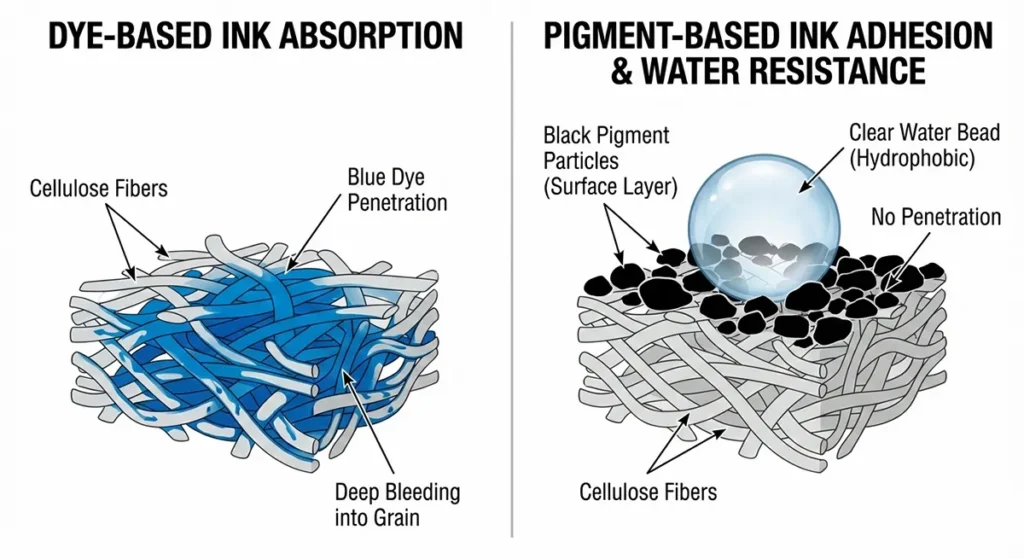 Technical diagram showing pigment ink particles resting on paper surface versus dye ink soaking into fibers.