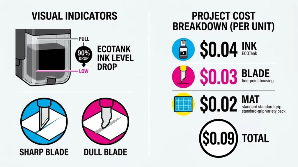 Technical diagram showing the hidden costs of ink consumption and blade wear in sticker production.