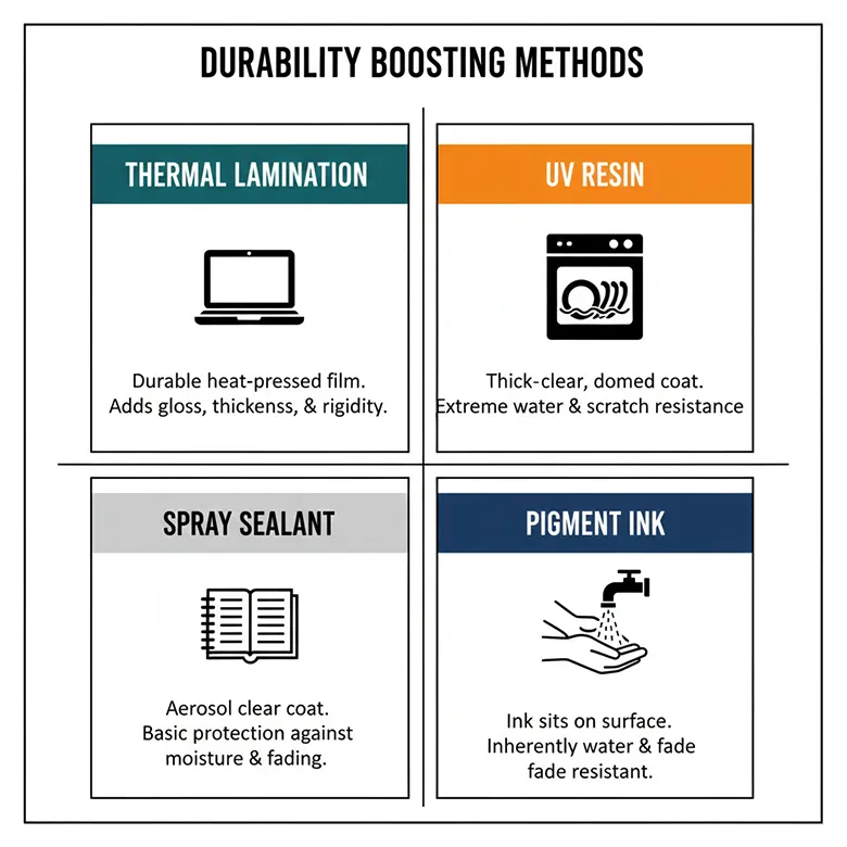 Infographic grid comparing Thermal Lamination, UV Resin, Spray Sealant, and Pigment Ink for sticker waterproofing.