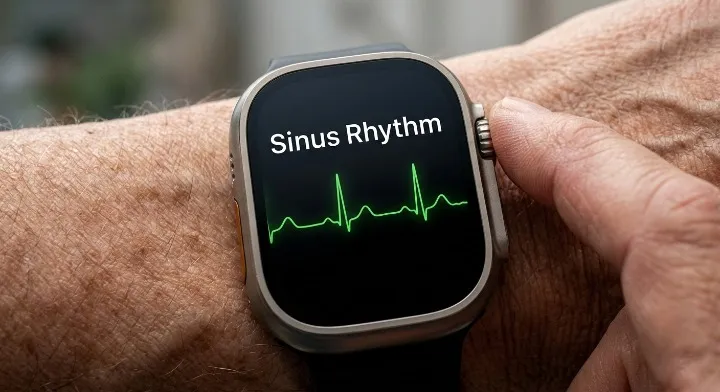 Close-up of a senior using the ECG app on an Apple Watch Series 11 to check for heart rhythm regularity.