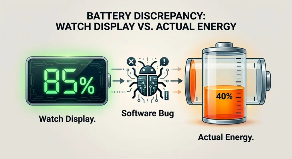 An infographic explaining battery calibration drift where the reported percentage does not match the actual stored energy.
