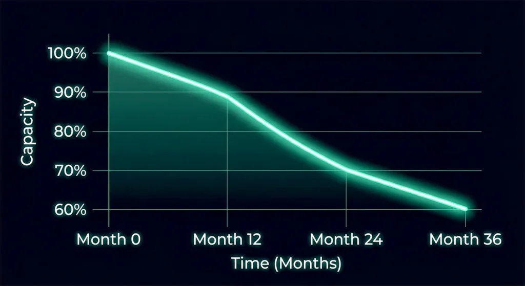 THE 3-YEAR CAPACITY CURVE: A line graph showing the decline of smartwatch battery capacity from 100 percent to 60 percent over three years.