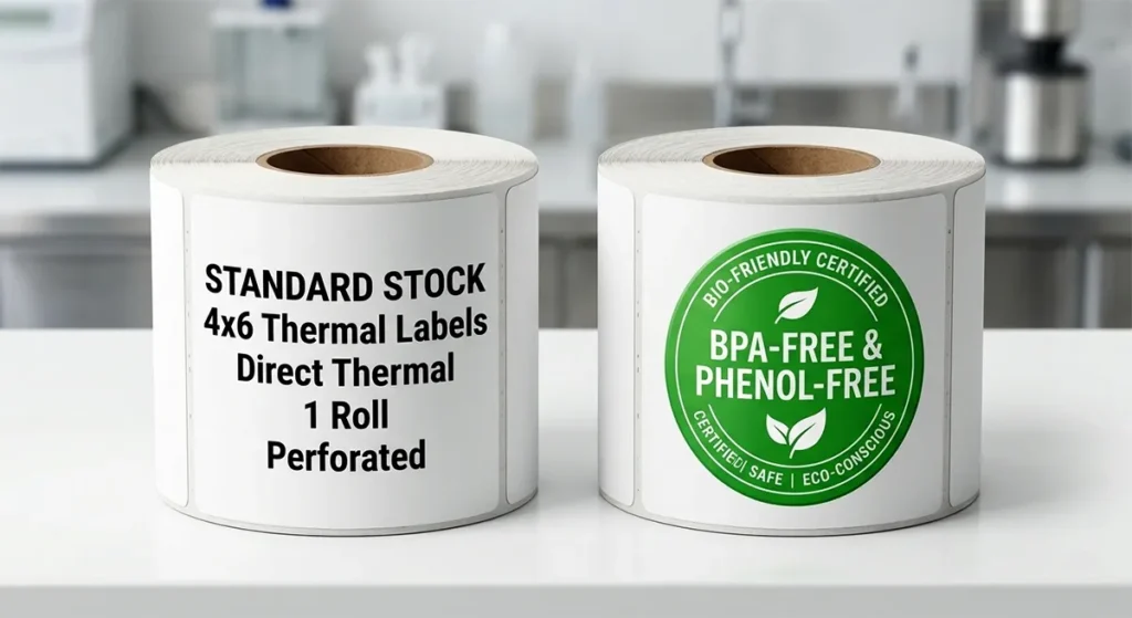Comparison of standard thermal paper versus BPA-free/phenol-free labels.