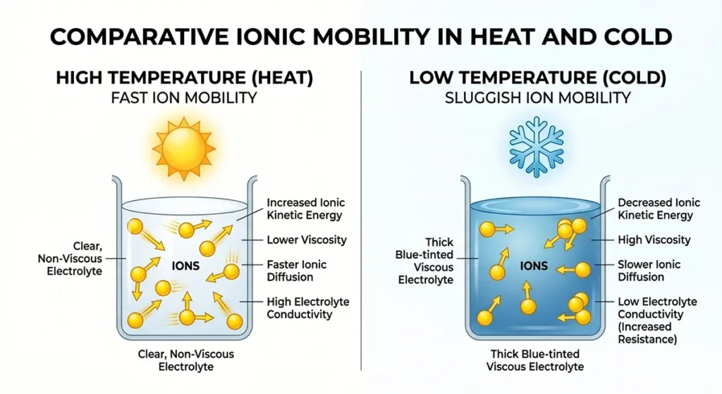 A side-by-side diagram showing how cold temperatures turn battery electrolyte into a thick syrup that traps lithium ions.