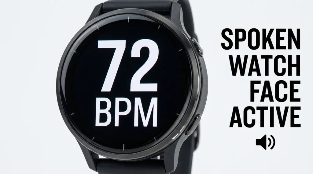 Close-up of the Garmin Venu 4 showing high-contrast, large-text heart rate data and accessibility features.