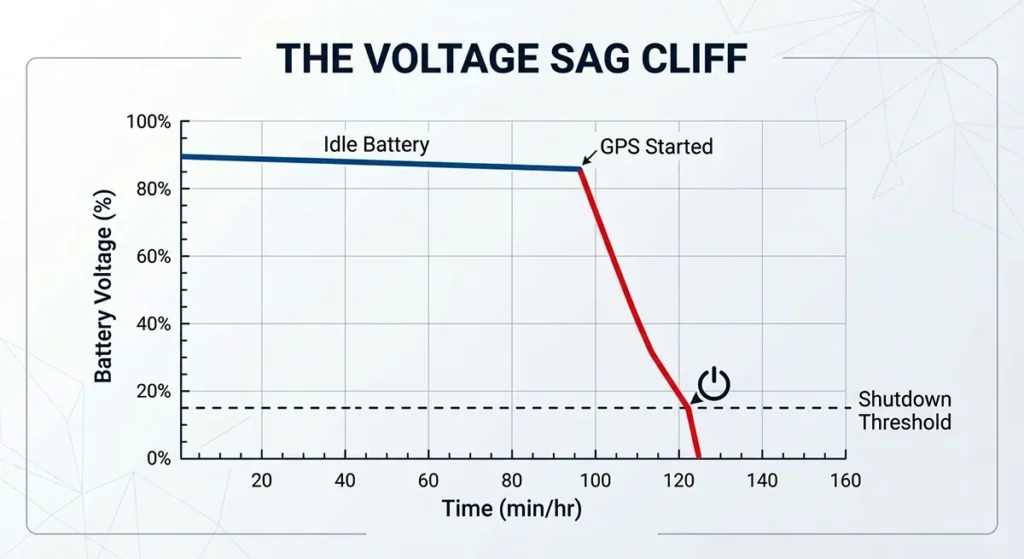 A line graph demonstrating how high-power GPS usage in the cold causes a sudden voltage drop and device shutdown. Voltage Sag Cliff
