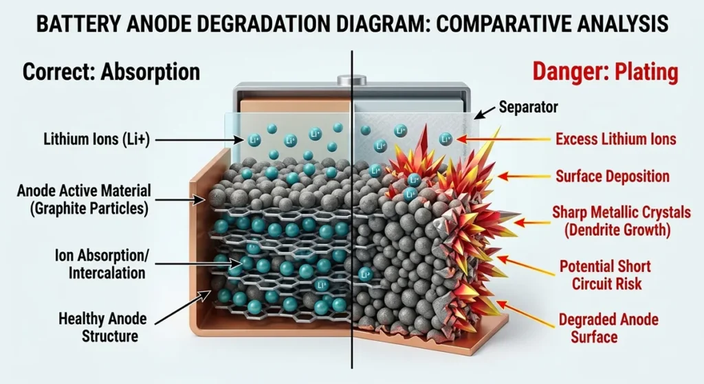 A scientific diagram of lithium plating, showing metallic buildup on a battery anode caused by charging in freezing weather. STOP: DON'T CHARGE BELOW 0°C