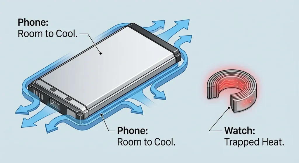 A visual comparison between a spacious smartphone battery and a small, tightly packed smartwatch battery. SPACE & HEAT CONSTRAINTS