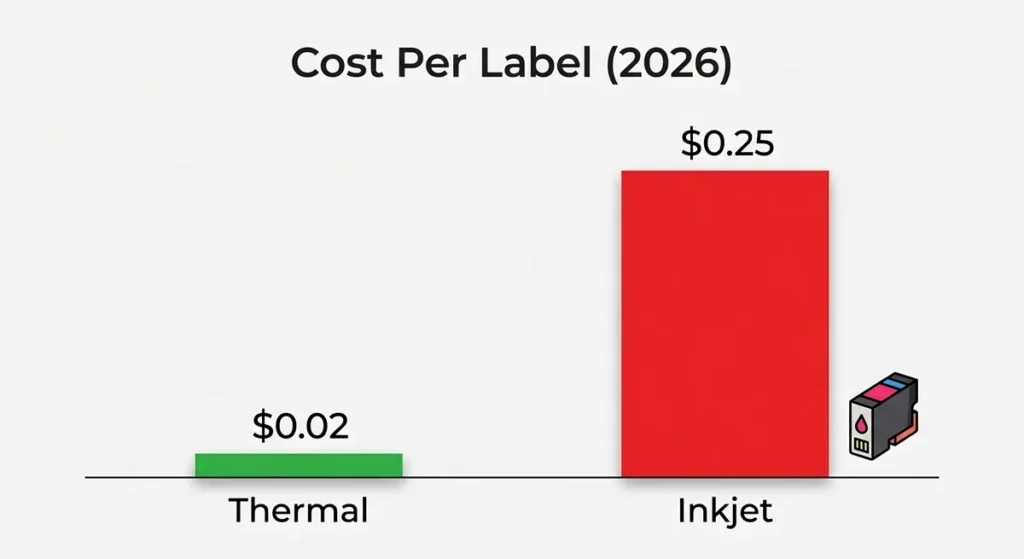 Bar chart showing the 3x–6x cost difference between thermal and inkjet printing.