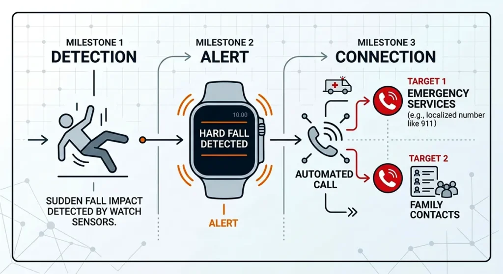 Diagram showing how fall detection on a smartwatch automatically alerts emergency services and family members.