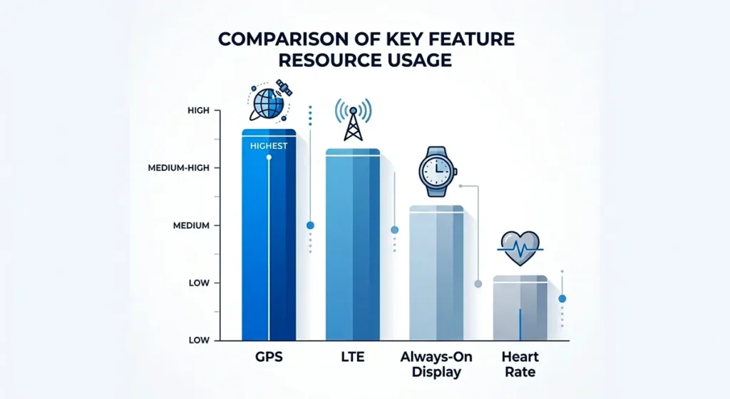 WHAT DRAINS YOUR WATCH? A bar graph showing GPS and LTE as the highest power-consuming features on a smartwatch.