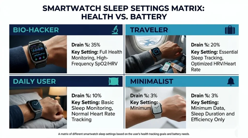 A matrix of different smartwatch sleep settings based on the user's health tracking goals and battery needs. CHOOSE YOUR SLEEP STYLE
