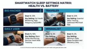 A matrix of different smartwatch sleep settings based on the user's health tracking goals and battery needs. CHOOSE YOUR SLEEP STYLE