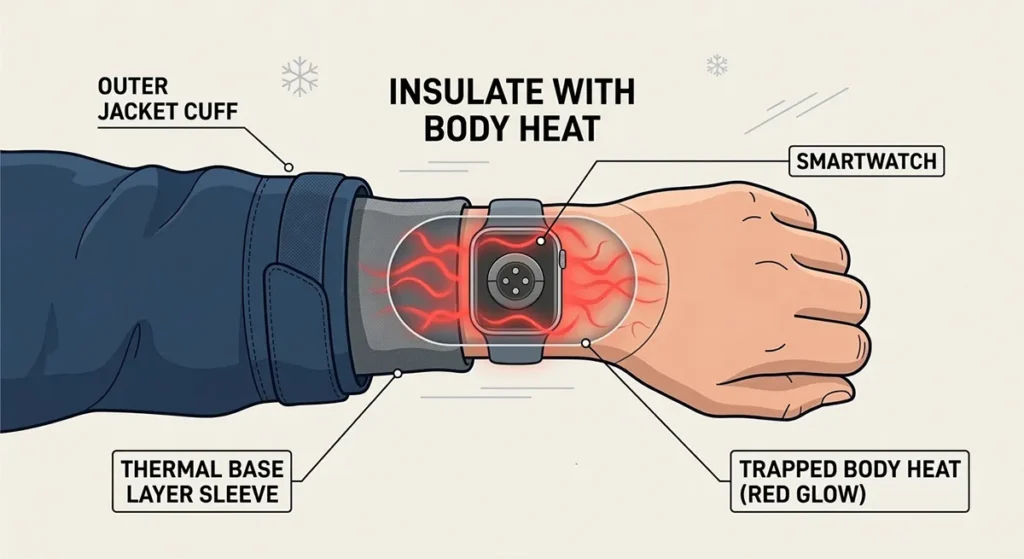 An illustration of a smartwatch tucked under a thermal sleeve to protect it from wind chill and retain body heat.