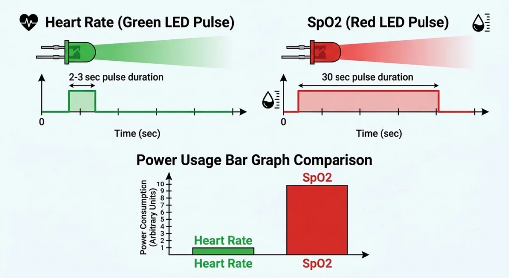 A comparison of power consumption between standard heart rate monitoring and blood oxygen sensing on a smartwatch. SENSOR DRAIN: SpO2 vs. HEART RATE