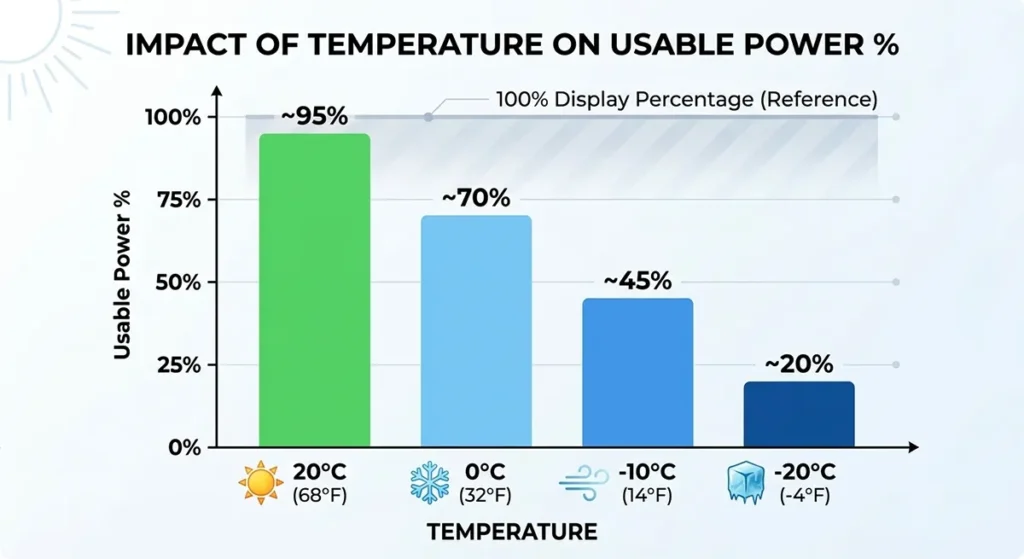 A bar chart showing how usable battery capacity drops from 100 percent at room temperature to only 40 percent at minus 20 degrees Celsius. Hidden Power loss