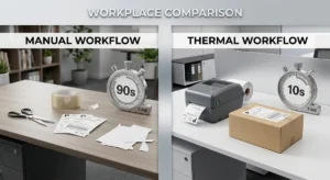 Visual showing time savings: peeling a thermal label vs. cutting and taping an inkjet label.